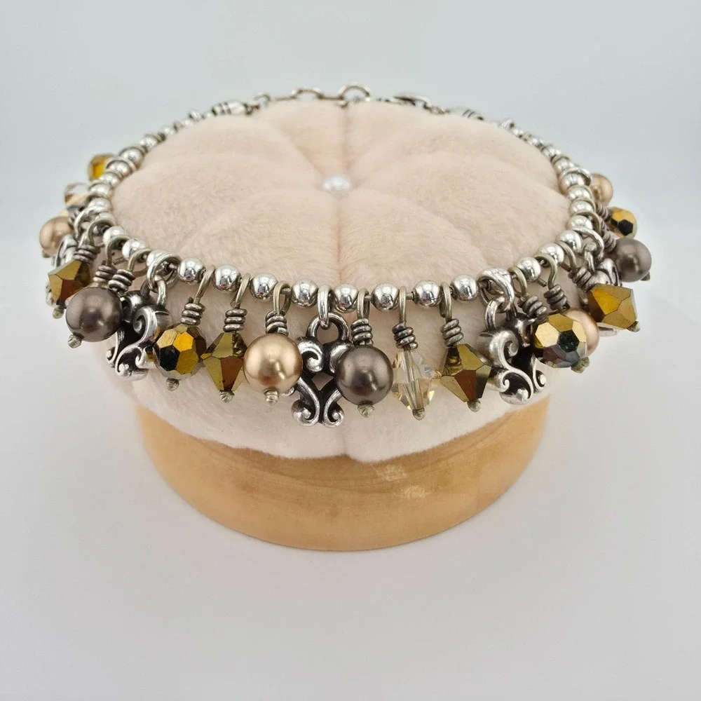 BRIGHTON 'Cannes' Bracelet Heart Crystal Fringe Charm Scroll Silver Plate 7.75